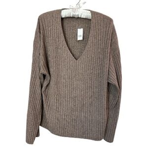 Women Gap CashSoft Wide Rib V-Neck Sweater Size M New Cotton Blend Cozy Soft-Tan
